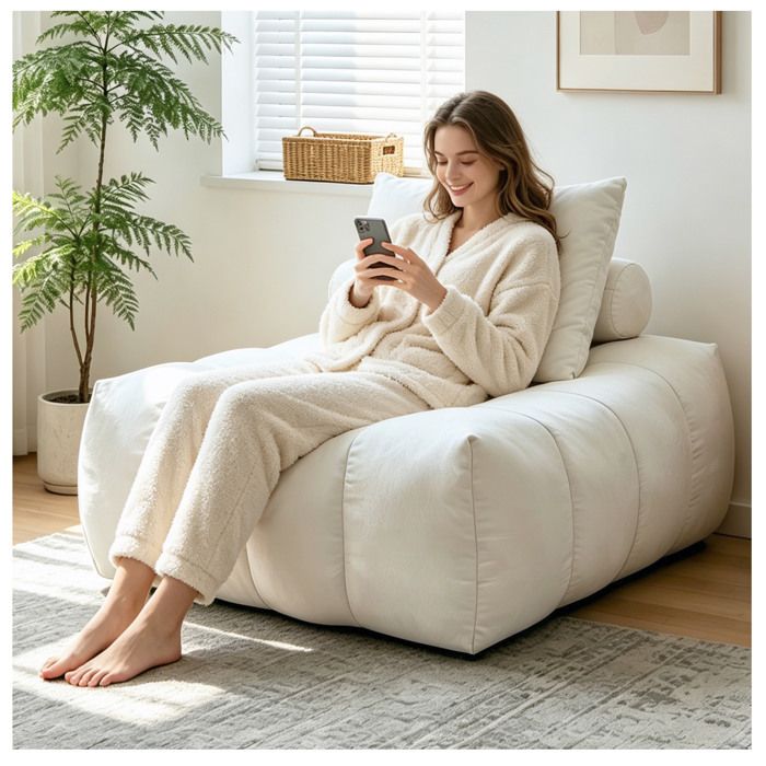 Fauteuil Bean Bag En Flanelle Blanc Sofa Paresseux Compresse FloraGrace Pour Salon Ou Chambre Sans Assemblage 89x86x42cm