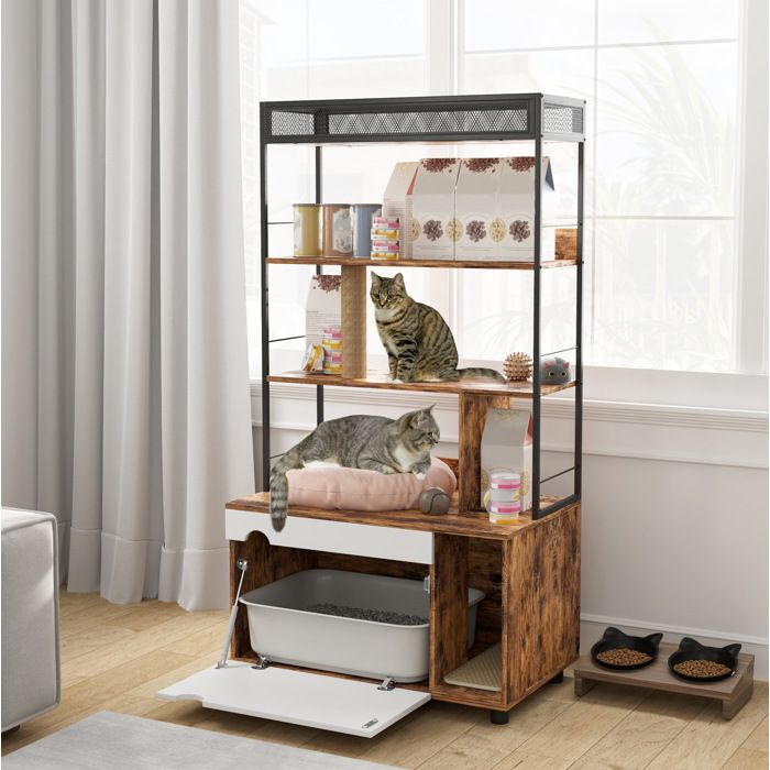 VUENOR meuble litiere chat 80 x 48 x 152 cm marron – etagere 3 niveaux