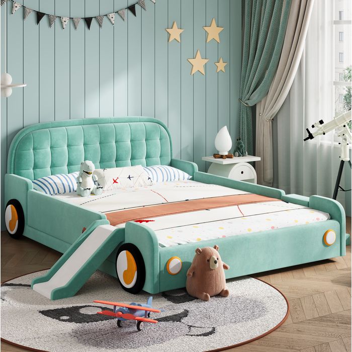 WOVREO Lit enfant voiture 140 x 200 cm avec toboggan et escalier velours bleu-vert rembourré
