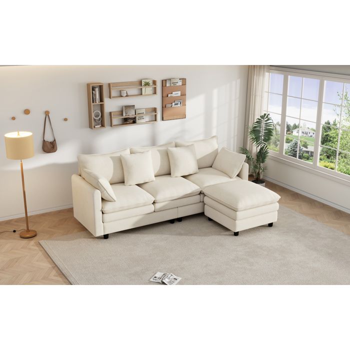 HOMVRA Canapé dangle 3 places 212 x 150 x 90 cm avec méridienne réversible tissu chenille beige