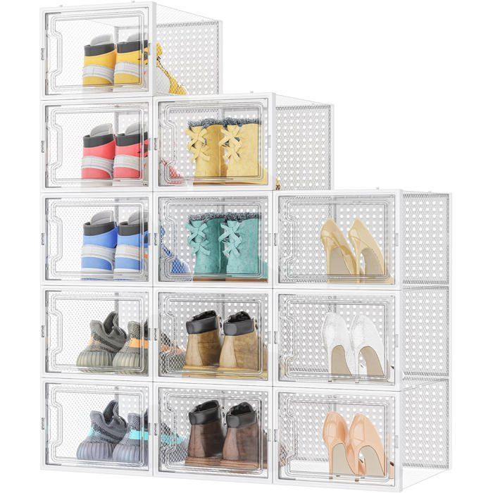 Lot de 12 boîtes à chaussures empilables transparentes avec couvercle 33 5 x 25 x 18 5 cm plastique jusquà pointure 46