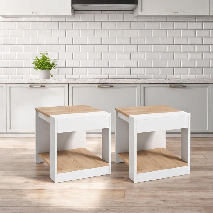 Blanc Panneau De Particules Table combining 15.8 in blanc et bois clair and Lot de 2 tables dappoint carrées 40x40x45 cm