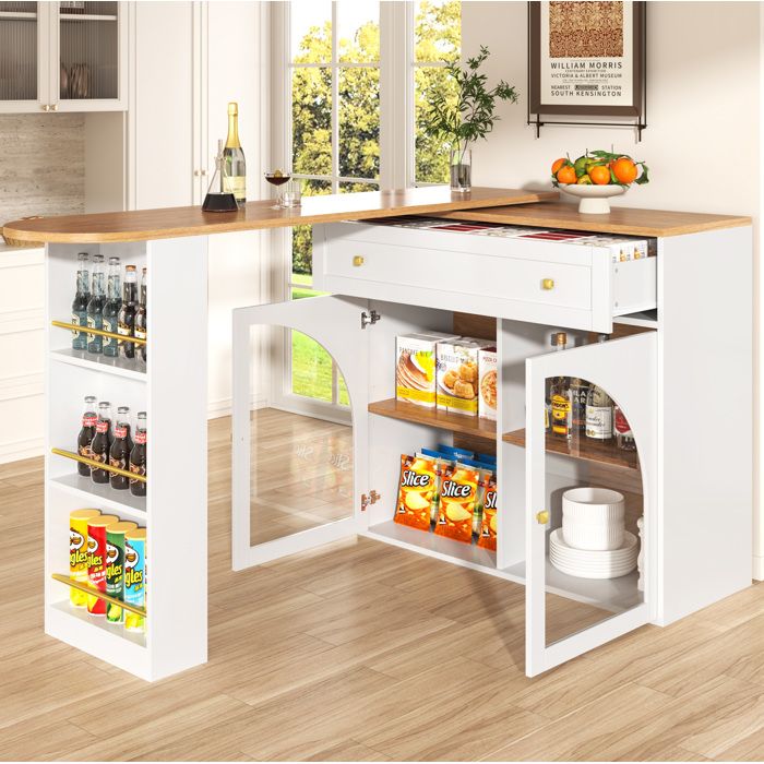 Bar table extensible avec rangement – Blanc – plateau pivotant 360° – 138-204 x 39 x 104 cm