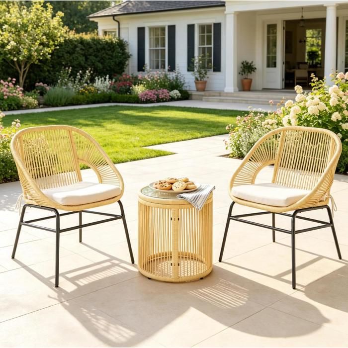 Ensemble salon de jardin 2 personnes beige avec 2 fauteuils table ronde en verre trempé et coussins