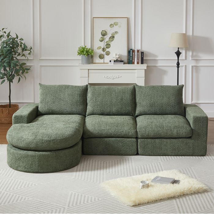 Canapé dangle modulable compressé 3 places en chenille verte avec méridienne réversible 251 x 160 x 81 cm
