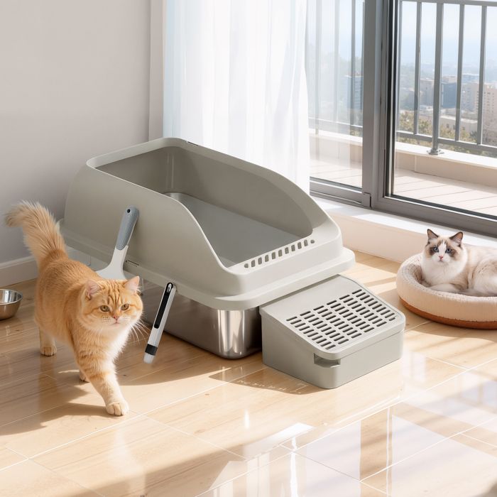 Bac à Litière Chat XXL Ouvert en Inox avec Bords Hauts et Pelle 62 x 42 x 30 cm Taupe Bac à Litière Chat XXL Ouvert en Inox avec Bords Hauts et Pelle 62 x 42 x 30 cm Taupe