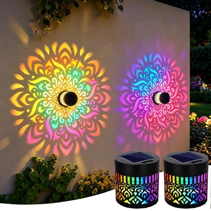 Applique Murale Solaire Dégradé 7 Couleurs Mandala Fleur Lumiere Solaire Murale Métal LED Etanche Lampion Mural Poser Jardin