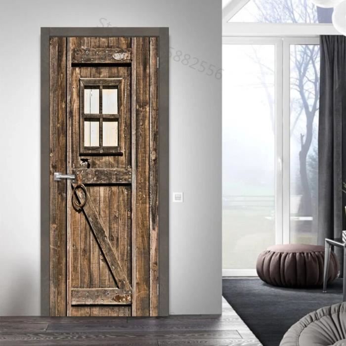 3D Porte En Bois Vintage Marron Autocollants De Porte Affiches Autocollantes Papiers Peints Muraux Art Autocollants Muraux Photo 90 X 200 Cm Décoration De Porte Amovible En Pvc Pour Salon, Chambre, S