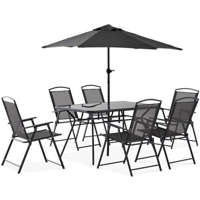 Salon de jardin - Table de jardin, chaises et parasol - 140 x 80 x 70 cm - Acier - Oviala - Gris