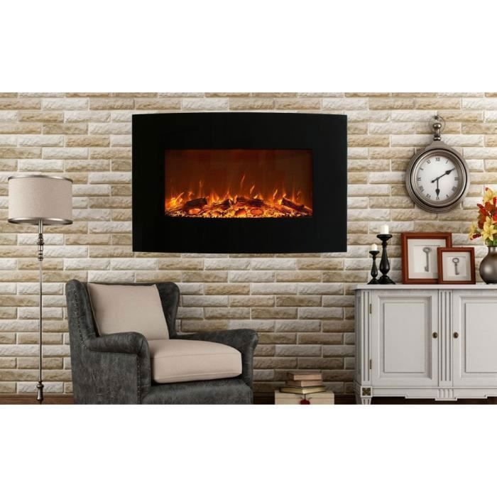 BREAKLING Chemin&eacute;e &eacute;lectrique Murale Noire Galb&eacute;e 90 cm Effet flammes LED Chauffage 2000W avec Thermostat T&eacute;l&eacute;commande 