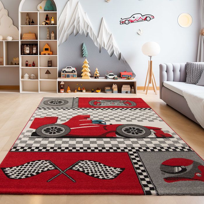 Tapis de chambre enfant voiture de course rouge 150x80cm