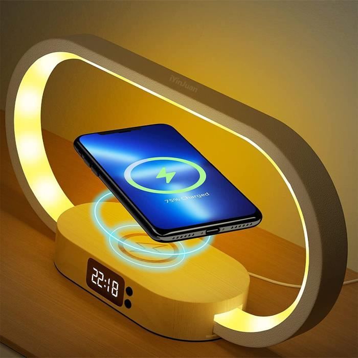 Lampe de Chevet - Tactile Dimmable - Chargeur sans Fil - 3 Couleurs - Horloge Digitale