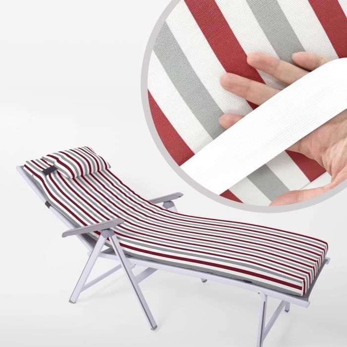 Matelas pour chaise longue - Coussin Bain de Soleil - Rouge/Blanc - 180 x 55 x 8 cm