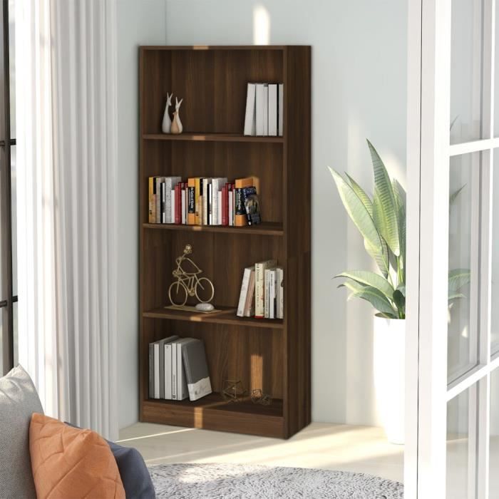 bibliothèque famirosa - chêne marron - 4 niveaux - bois ingénierie - 60x24x142cm