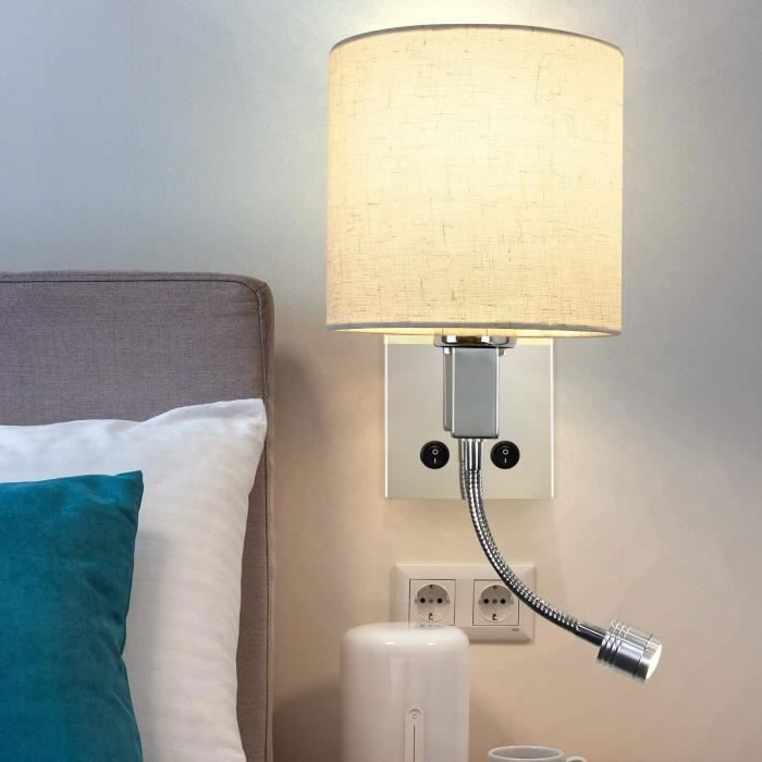 Homefire Lampe murale LED pivotante avec interrupteur - Métal - Blanc chaud - 15 x 21 x 24.5 cm - avec abat-jour en tissu