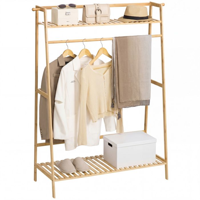 Portant à vêtements - HOMCOM - avec 2 étagères 2 crochets et 1 barre de suspension - en bambou - 114 x 40 x 139 cm - naturel