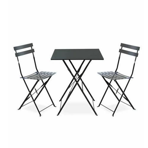 HUOLE Lot de 3 pièces - 1 Table carrée 55cm*55cm + 2 chaises pliantes en acier Noir - Kit petit patio pour bistros, balcon, jardin