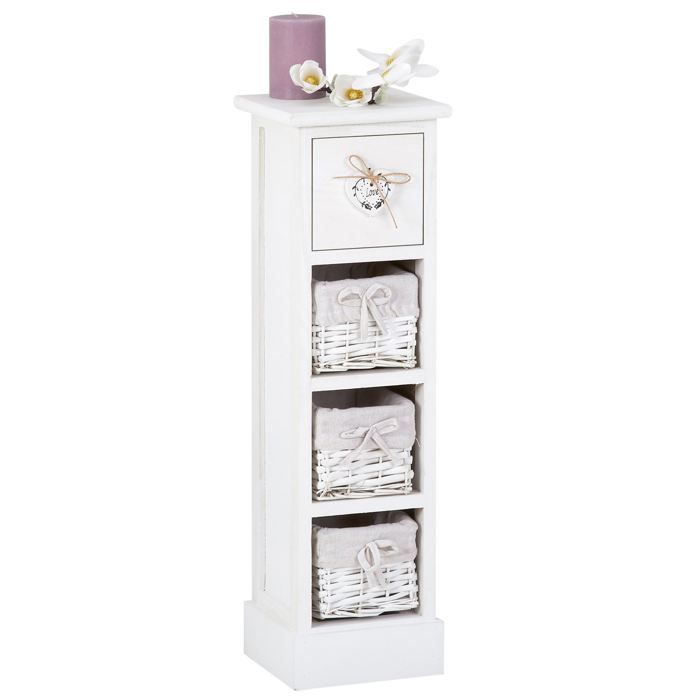 Chiffonnier FLOWER H 70 cm en bois massif blanc avec 1 tiroir et 3 paniers petite commode style shabby chic