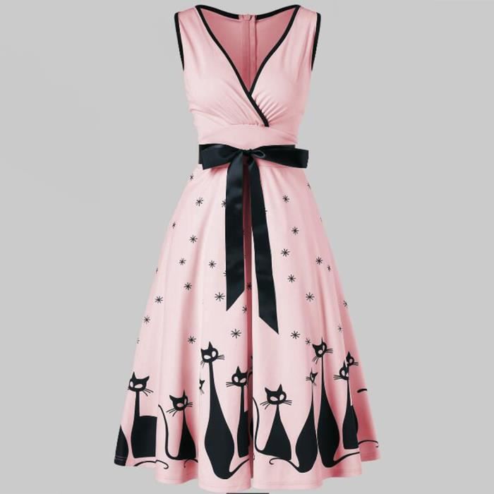 Robe Imprimee Chat Retro Sans Manches En V Rose Rose Achat Vente Robe Cdiscount