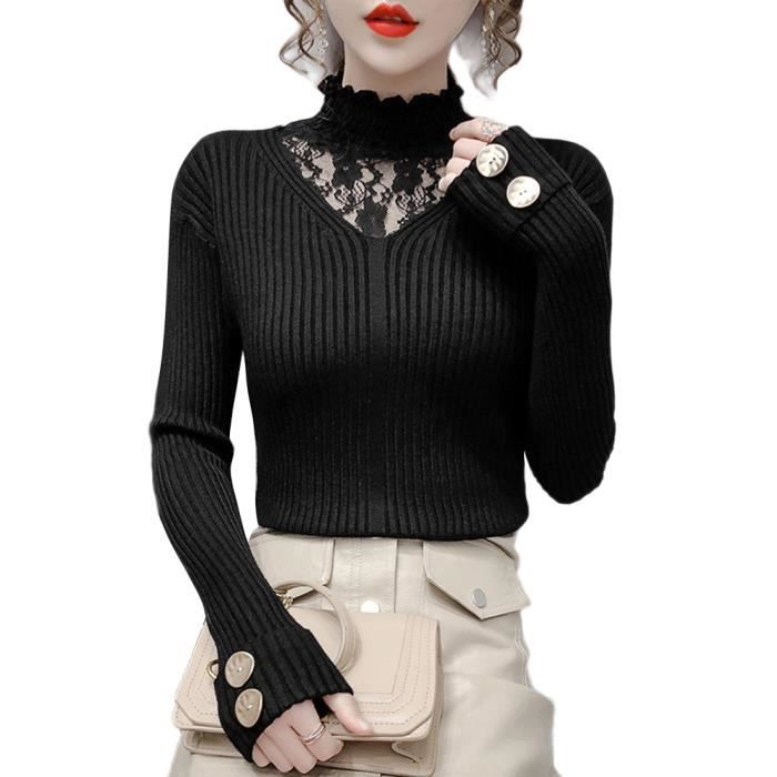Pull Manches Longues Femme Chic Tops Dentelles Haut Pull Tricot Basique Simple Col Montant Hauts Tops Noir Taille unique Noir Cdiscount Pret a Porter