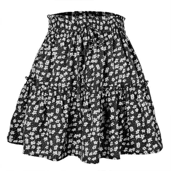 D ete Jupe Courte Evasee Femmes A Ligne Mini Jupe Fleurie Taille Haute Volants Jupe Imprimee Taille Elastique Jupe Noir Noir Cdiscount Pret a Porter