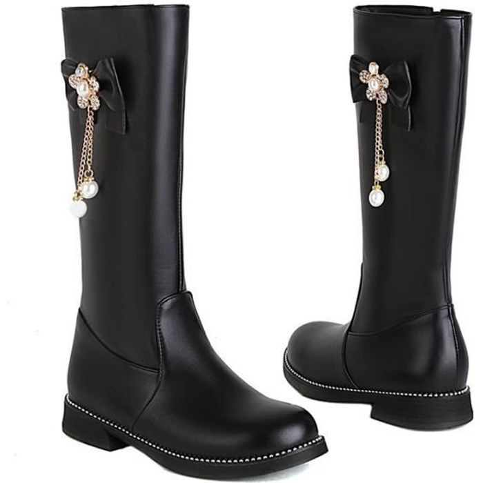 Bottes Hiver Fille Femme Cuir Longues Noires BININBOX Talon