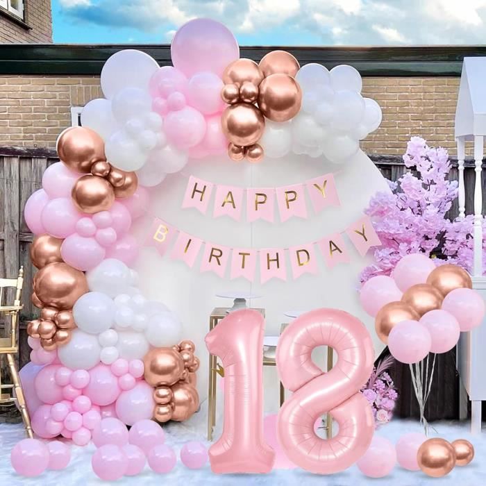Décoration de fête d'anniversaire 18 ans, bannière de joyeux anniversaire à  paillettes d'or rose, ballon en aluminium numéro 18 avec pompons en papier  de soie, fournitures d'anniversaire de 18 ans pour fille