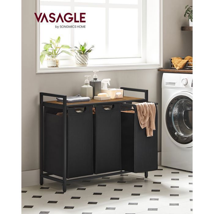 VASAGLE Panier à Linge 3 Compartiments 3 Sacs Amovibles en Tissu Oxford 3 x 40 L 925 x 33 x 72 cm Noir et Marron