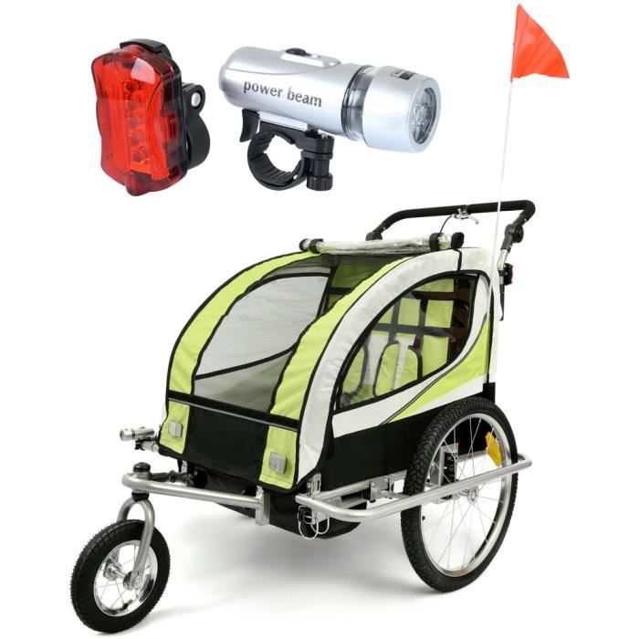 Remorque vélo enfant - buggy - 2 places - avec amortisseur - citron vert