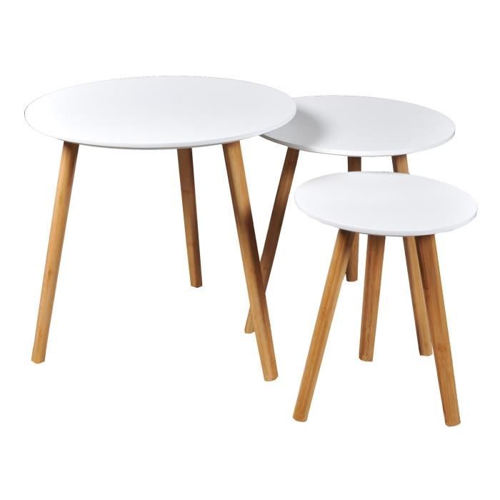 weber 3 tables gigognes rondes blanc laqué avec pieds en bois massif - l 50 x l 50 cm - l 40 x l 40 cm et l 30 x l 30 cm - venus