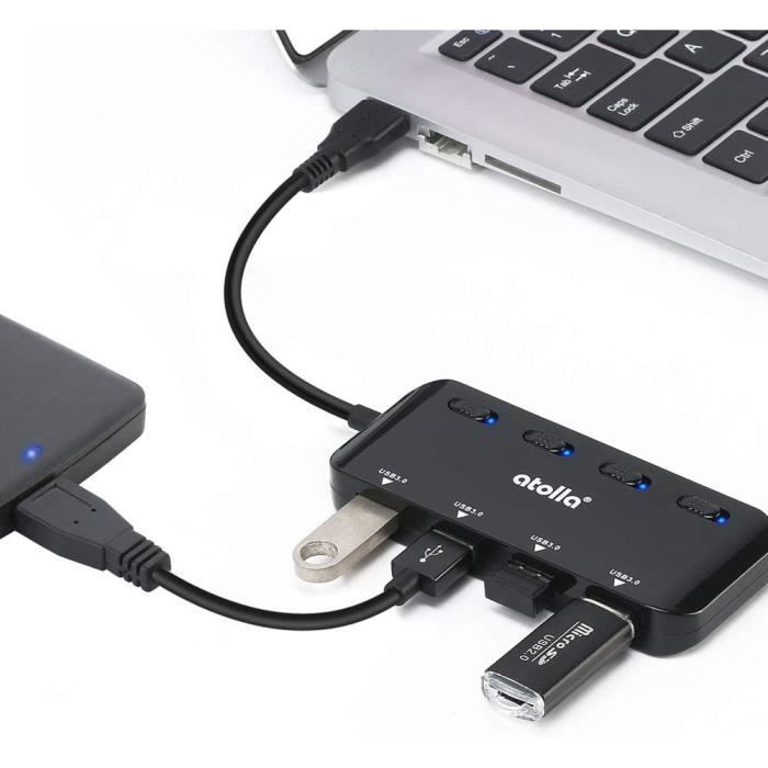 Atolla Hub USB 3.0 alimenté, Hub USB à 4 Ports multiprise avec commutateurs  individuels Marche/arrêt - Adaptateur d'alimentation Inclus : :  Informatique