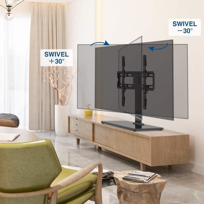 Support TV Sur Pied Avec Base En Verre Trempé - Hauteur Réglable 48-63 Cm, Pivotant, Pour Télés 26 à 55 Pouces, VESA Max 400x400 Mm, Noir