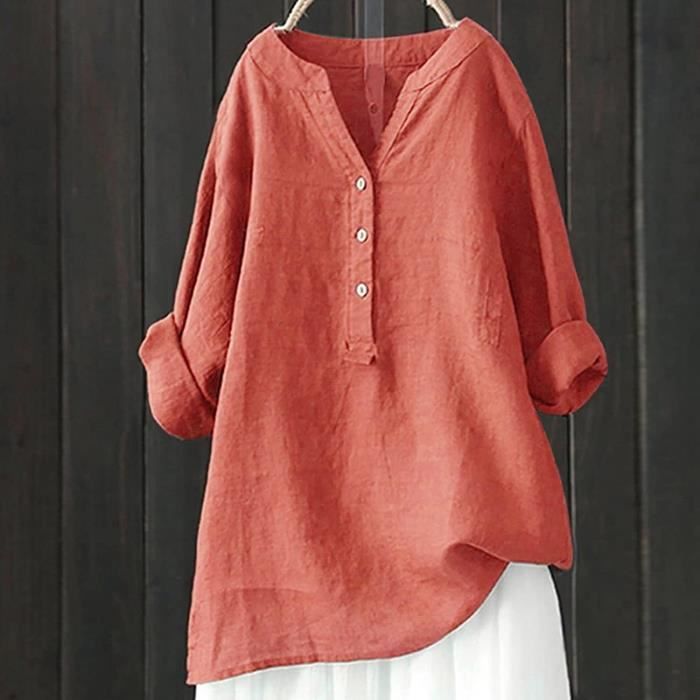 Blouse en Lin Femme Chic et l gant Col en V Bouton Chemisier