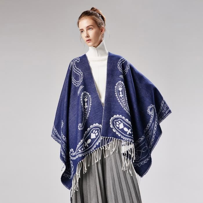 Châle Poncho Ouvert Femme - Taille Unique (135x155 Cm) - Faux Cachemire (50% Polyester, 50% Acrylique) - Motif Noir/blanc Ethnique - Franges