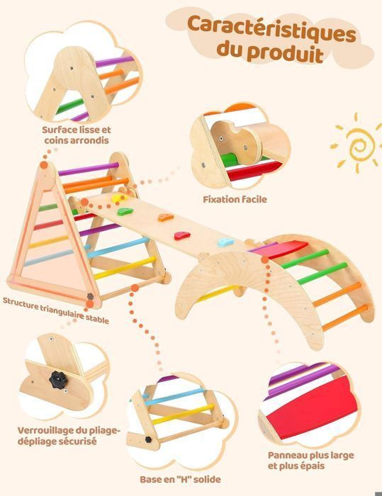 Arche D'escalade Montessori 7 En 1 – Triangle, Toboggan, échelle, Coussin, Pour Bébé 1 An+, En Bois Naturel, Certifié ASTM