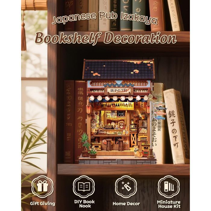 Kit Book Nook Izakaya Japonais – Miniature 3D à Construire En Bois, Décoration De Bibliothèque Avec Éclairage LED, Idée Cadeau Originale Pour Adultes