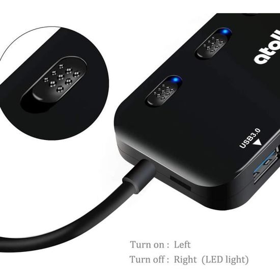 Hub USB 3.0 longue 120cm, Multi 4 Ports Multiprise USB avec Interrupteur Indépendant, Port USB