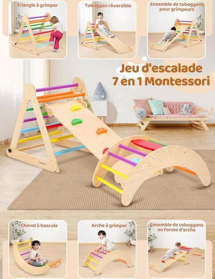 Triangle D'Escalade Montessori DREAMADE | Bois Hêtre 50kg | 3-en-1 Triangle/Arche/Rampe | 1+ An