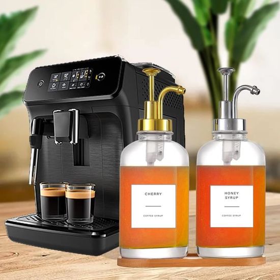 Distributeur Sirop Personnalisable Lot De 2 Distributeurs Sirop Café YIDM - En Verre 500ml Avec Pompe - 18 Autocollants - Pour Bar, Café Ou Maison Sirop Monin Pumpkin Spice