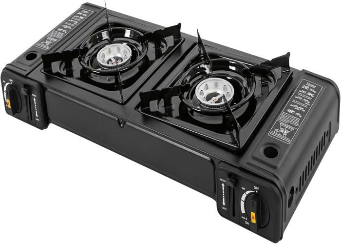 SWANEW Réchaud à Gaz De Camping - Double Usage - Camping Réchaud à Gaz Réglable - 2 Brûleurs - Gris