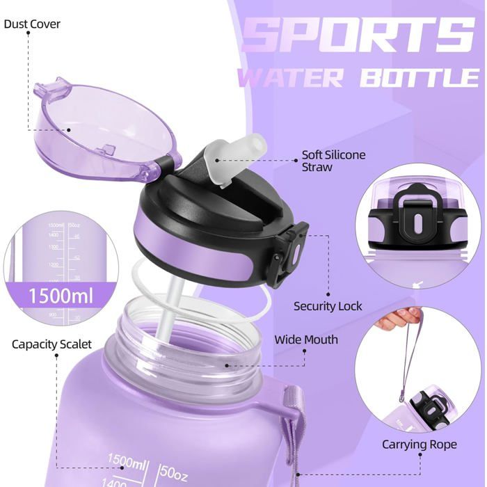 BuildLife Gourde Sport 2,5 L Motivante – Anti-Fuite, Marqueur Temps, Couvercle 2-en-1, Sans BPA, Noir