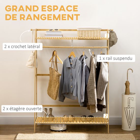 Commode En Bambou Avec Roulettes HOMCOM – Perche à Vêtements, étagère à Chaussures, Style Nordique – Pour Chambre (47x33,7x105,5 Cm)