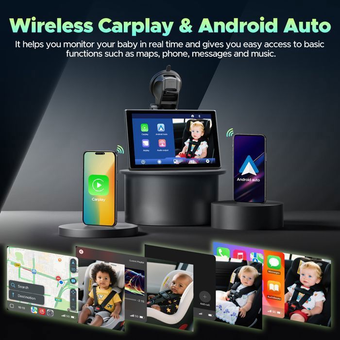 Écran Auto 4,7 Pouces Avec CarPlay Sans Fil Et Android Auto - Navigation, Bluetooth Double, Émetteur FM, Compatible Toutes Voitures