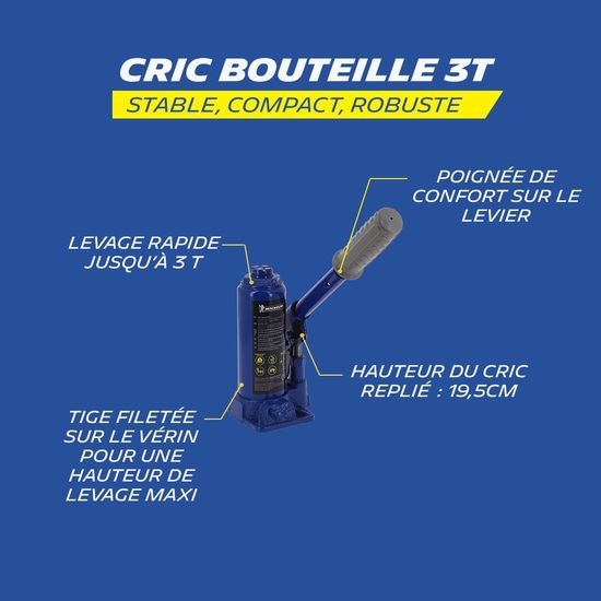 Cric Hydraulique Long Manuel 3 Tonnes - Pompe Simple - Hauteur Max 116 Cm - Neuf