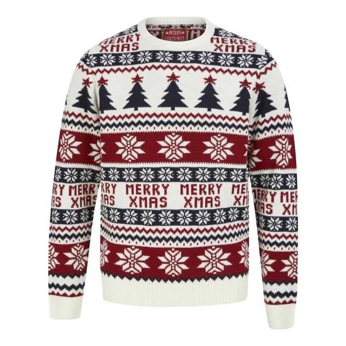 MERRY CHRISTMAS Pull de Noël Jacquard Bleu Marine Homme