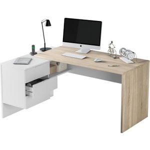 BUREAU  Bureau d'angle contemporain LOUNGITUDE - TAMPA - Chêne canadien et blanc artik - L 145 cm - 3 tiroirs et 1 niche