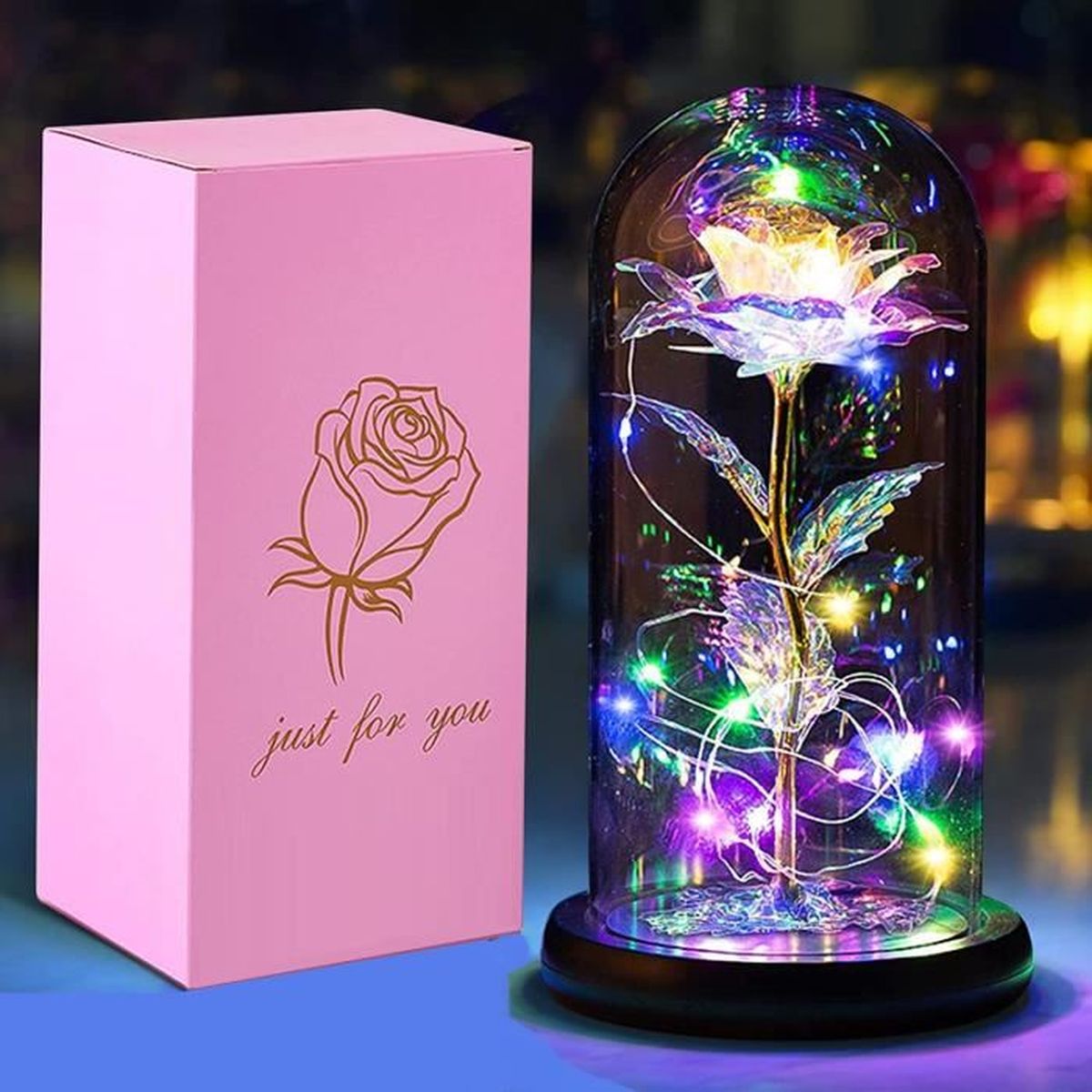 Rose Éternelle Sous Cloche La Belle Et La Bête - Rose Bleue Double LED Avec Base Amovible Et Carte Cadeau Romantique