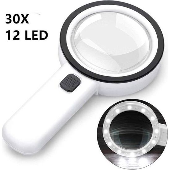 Loupe Grossissante 30X avec 12 Lampe LED, 105 mm Loupe Éclairante à Double  Lentille en Verre, Loupe Lumineuse Sans Distorsion