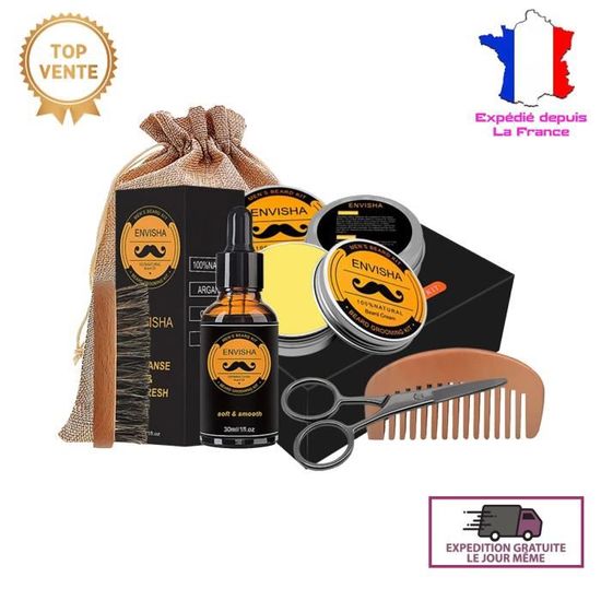 Kit barbe, Kit de Soins de Barbe 6pcs, Huile Barbe, Barbe Peigne, Brosse a Barbe, Baume à Barbe