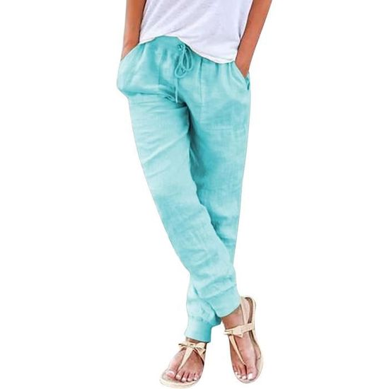 Pantalon Linen Femme Été - Taille Haute, Jambes Larges - 75% Coton 25% Lin - Léger, Respirant - Pour Ville, Plage, Casual